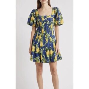 Farm Rio Navy Blue Delicate Pineapple LENZING ECOVERO EUROFLEX Mini Dress Size M